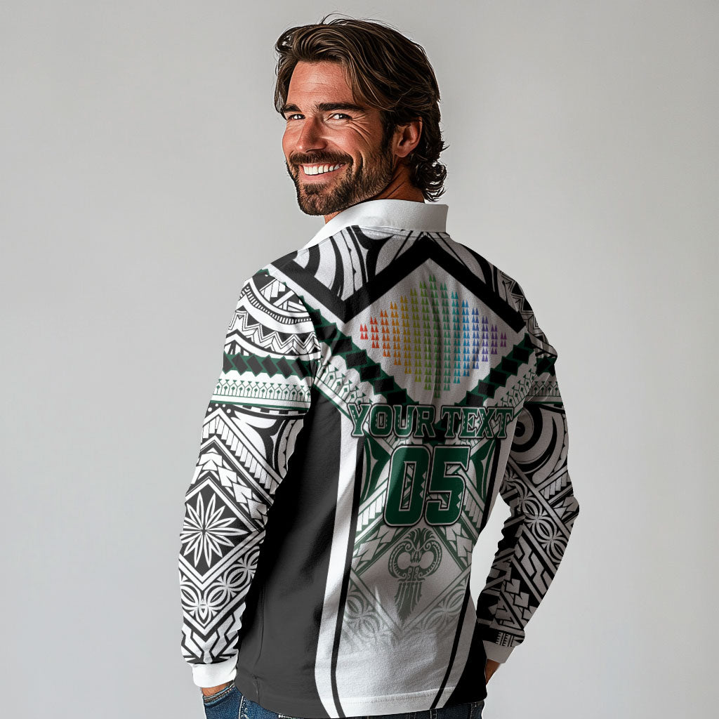 Custom Hawaii Warriors Football Long Sleeve Polo Shirt Rainbow Kakau Pattern White LT05 - Polynesian Pride