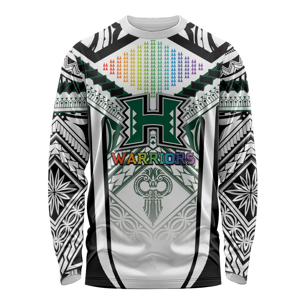 Custom Hawaii Warriors Football Long Sleeve Shirt Rainbow Kakau Pattern White