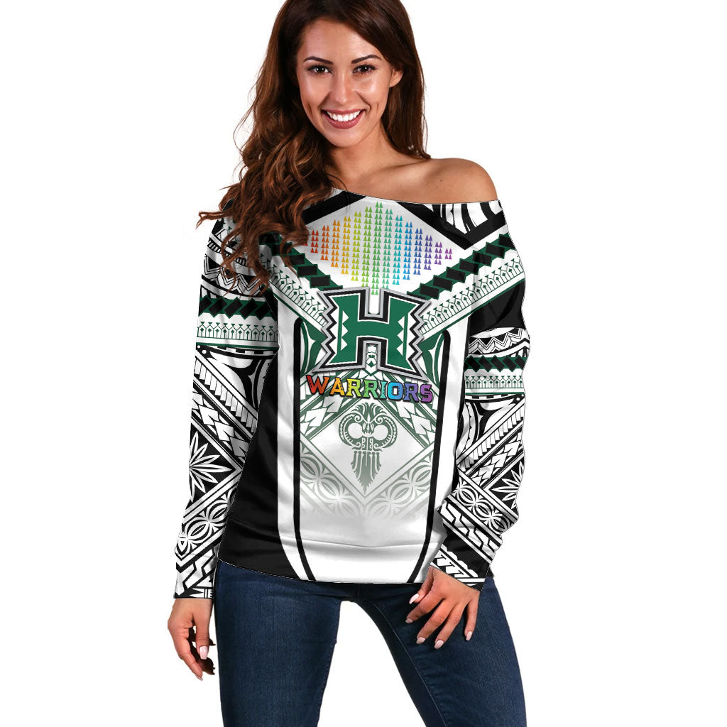 Custom Hawaii Warriors Football Off Shoulder Sweater Rainbow Kakau Pattern White