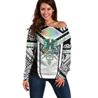 Custom Hawaii Warriors Football Off Shoulder Sweater Rainbow Kakau Pattern White