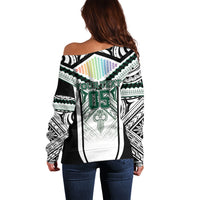 Custom Hawaii Warriors Football Off Shoulder Sweater Rainbow Kakau Pattern White