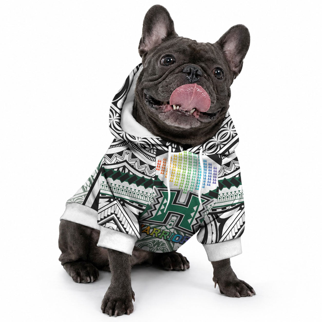 Custom Hawaii Warriors Football Pet Hoodie Rainbow Kakau Pattern White