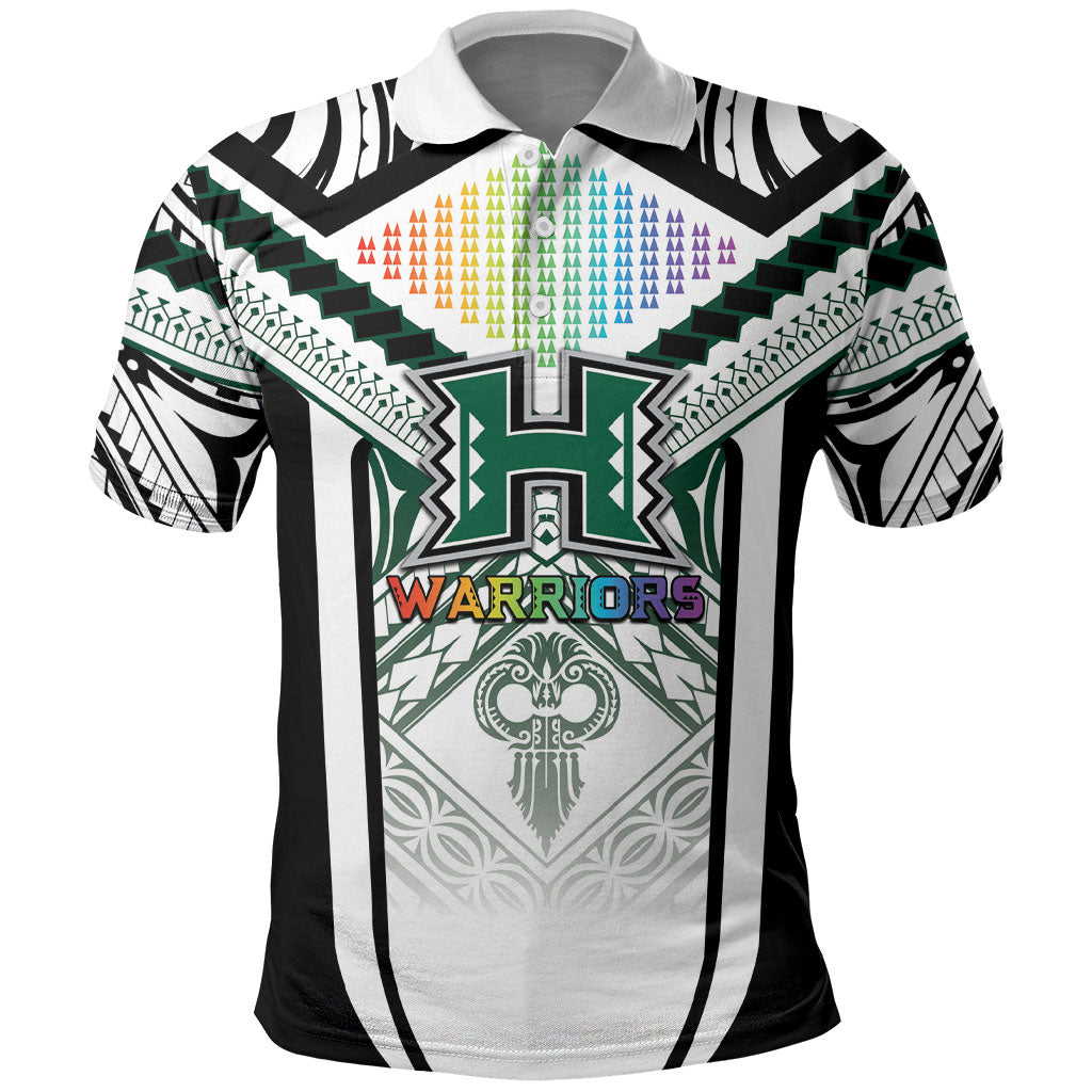 Custom Hawaii Warriors Football Polo Shirt Rainbow Kakau Pattern White