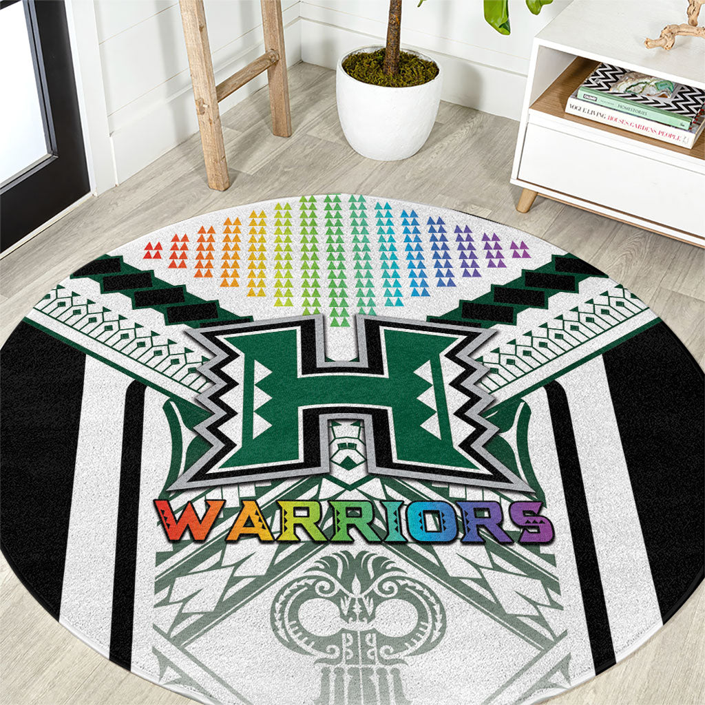 Hawaii Warriors Football Round Carpet Rainbow Kakau Pattern White