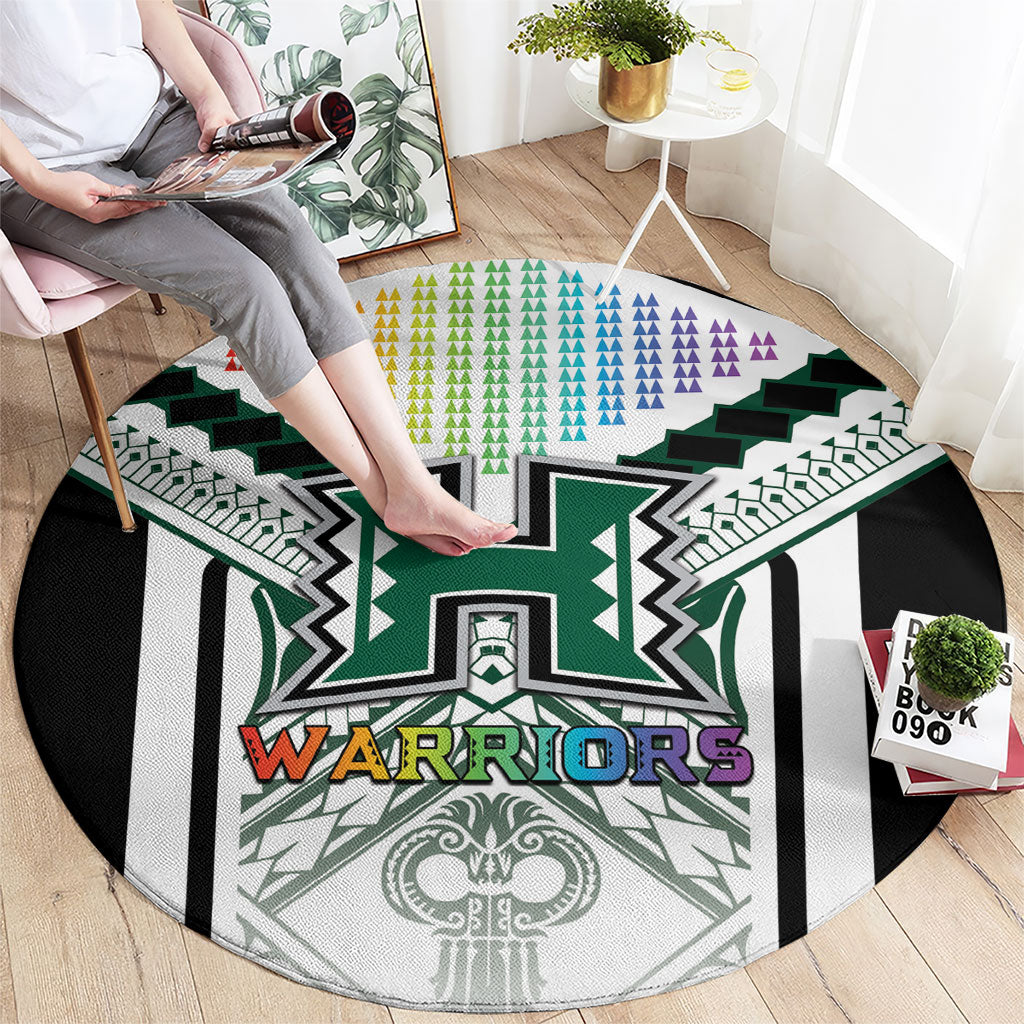 Hawaii Warriors Football Round Carpet Rainbow Kakau Pattern White
