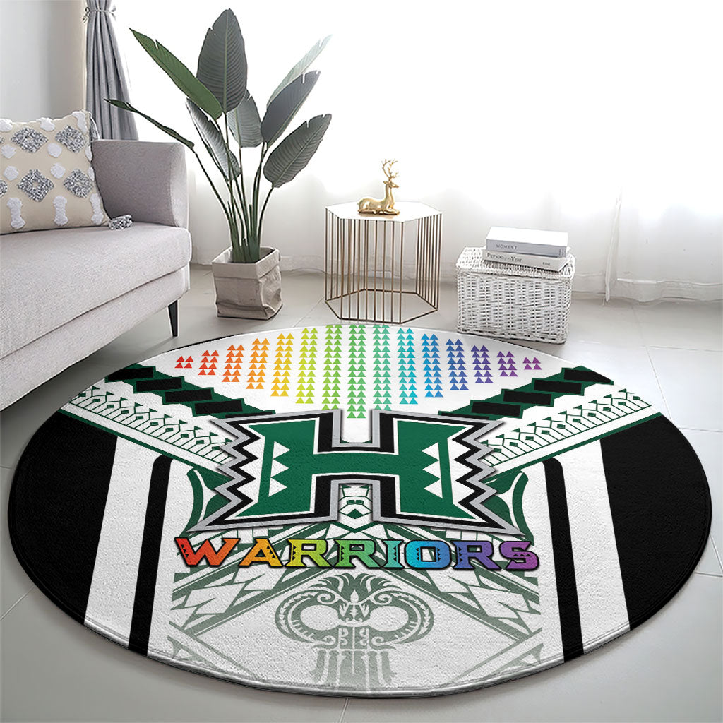 Hawaii Warriors Football Round Carpet Rainbow Kakau Pattern White