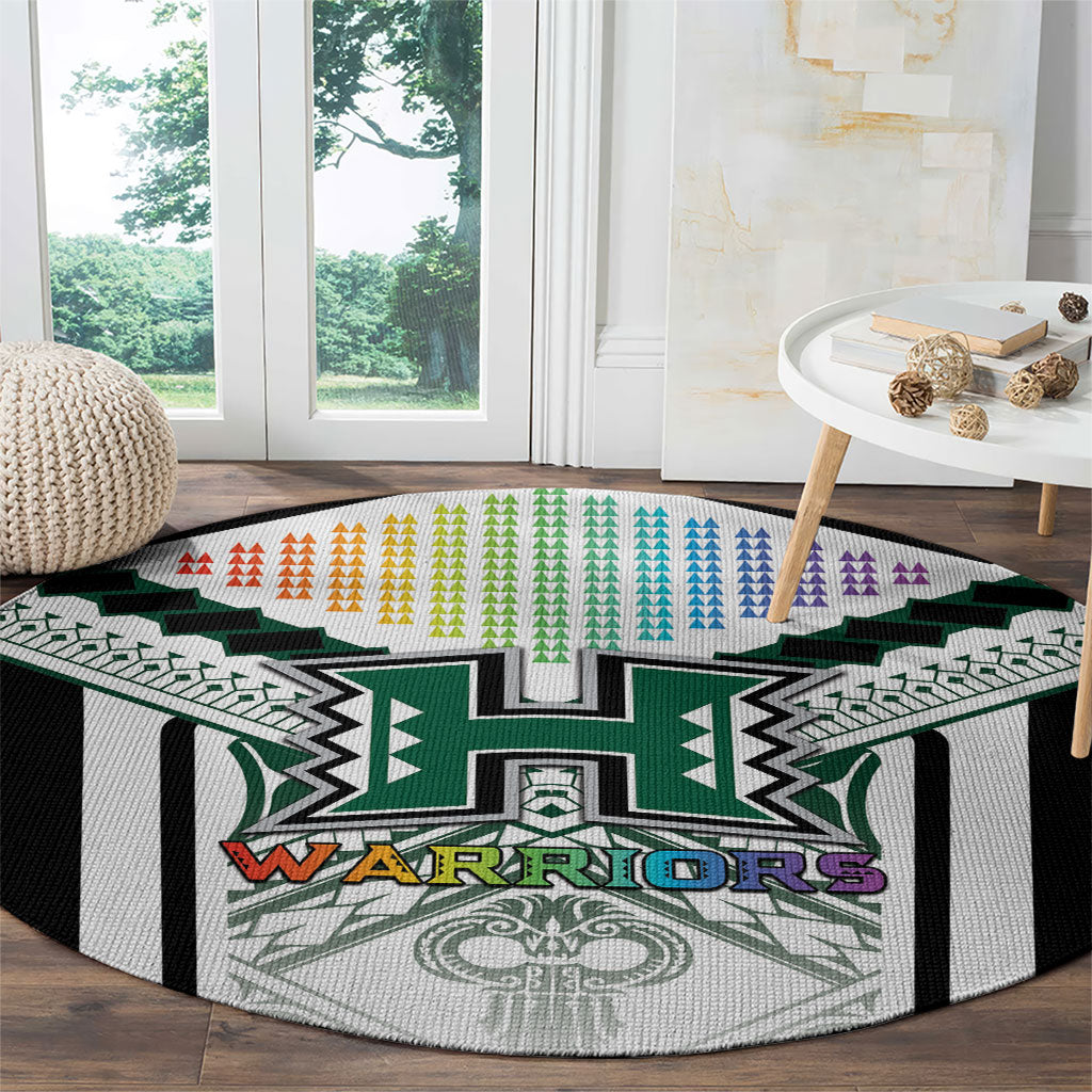 Hawaii Warriors Football Round Carpet Rainbow Kakau Pattern White