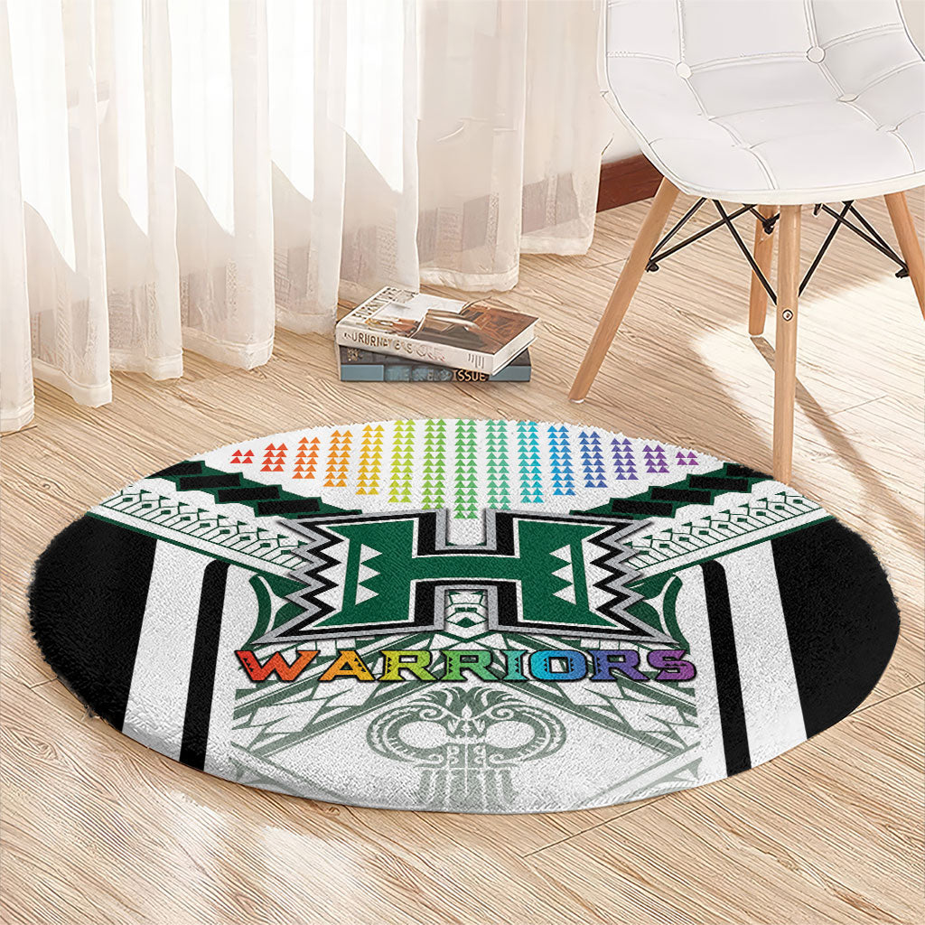 Hawaii Warriors Football Round Carpet Rainbow Kakau Pattern White