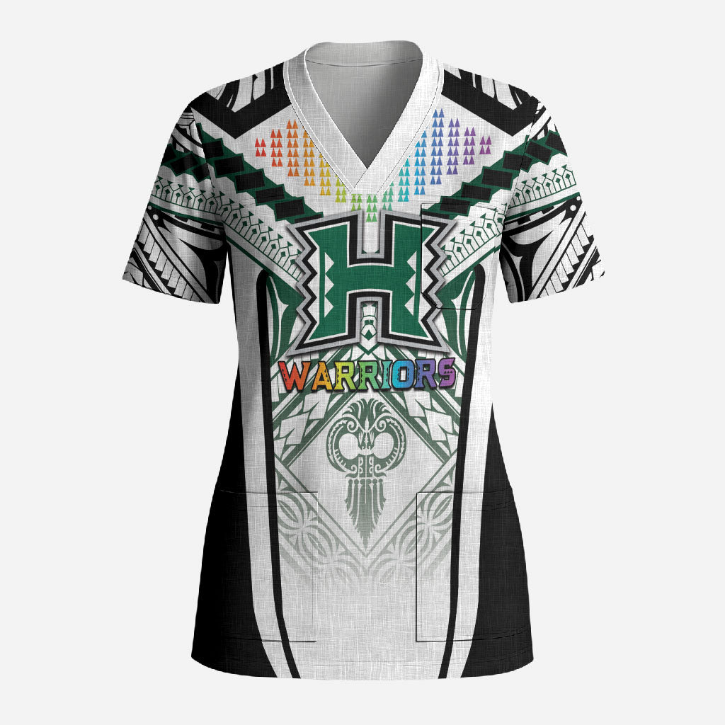 Custom Hawaii Warriors Football Scrub Top Rainbow Kakau Pattern White