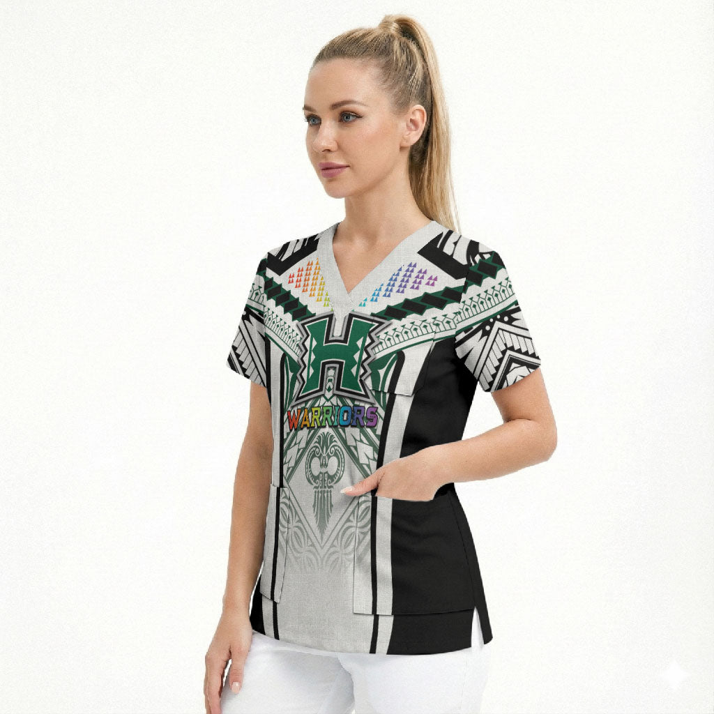 Custom Hawaii Warriors Football Scrub Top Rainbow Kakau Pattern White