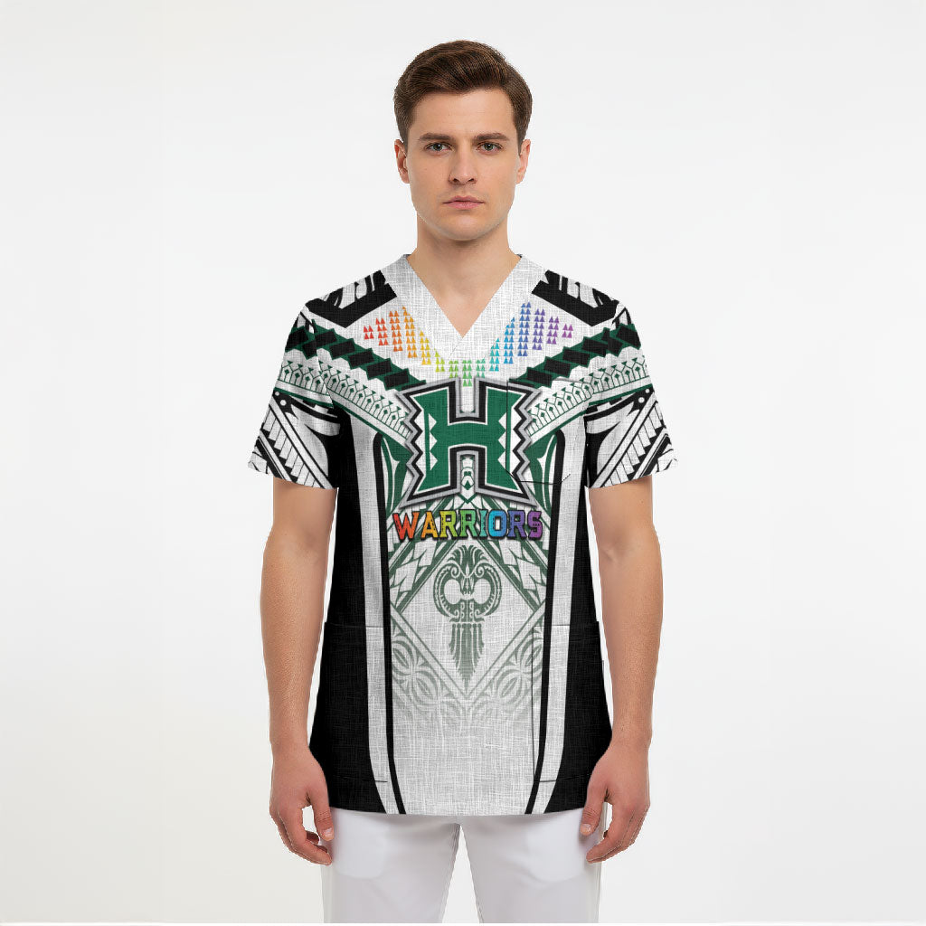 Custom Hawaii Warriors Football Scrub Top Rainbow Kakau Pattern White