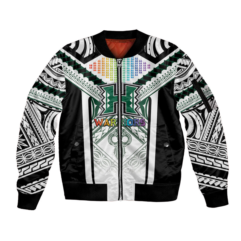 Custom Hawaii Warriors Football Sleeve Zip Bomber Jacket Rainbow Kakau Pattern White
