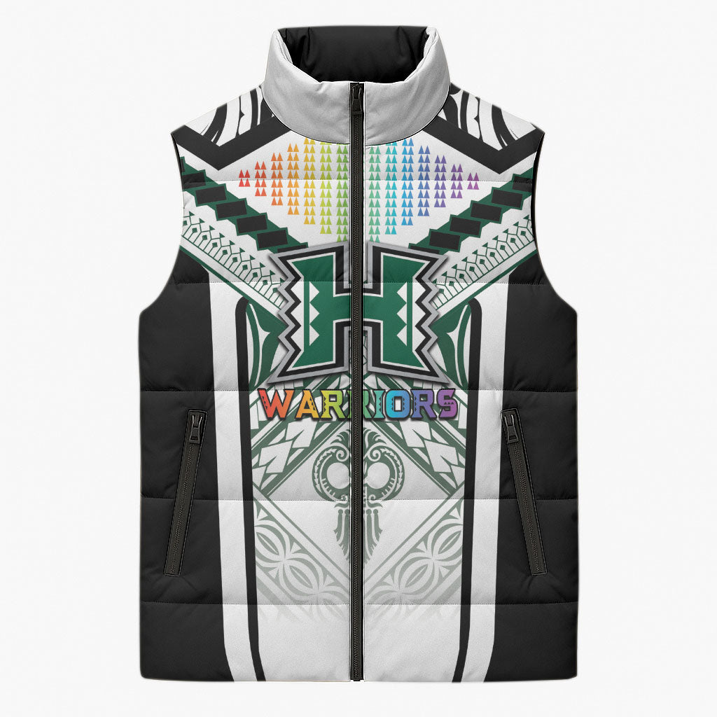 Custom Hawaii Warriors Football Sleeveless Puffer Jacket Rainbow Kakau Pattern White
