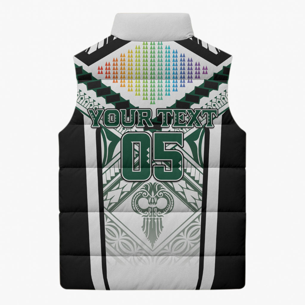 Custom Hawaii Warriors Football Sleeveless Puffer Jacket Rainbow Kakau Pattern White
