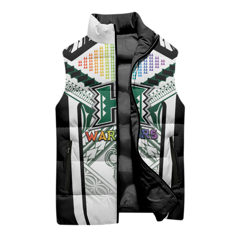 Custom Hawaii Warriors Football Sleeveless Puffer Jacket Rainbow Kakau Pattern White
