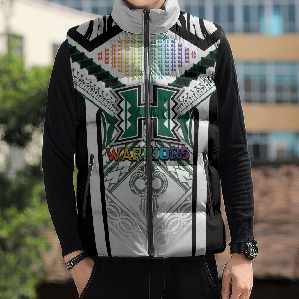 Custom Hawaii Warriors Football Sleeveless Puffer Jacket Rainbow Kakau Pattern White