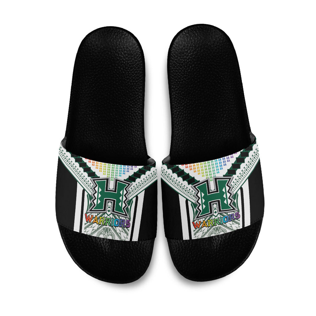 Hawaii Warriors Football Slide Sandals Rainbow Kakau Pattern White
