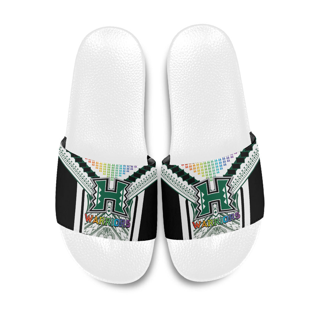 Hawaii Warriors Football Slide Sandals Rainbow Kakau Pattern White