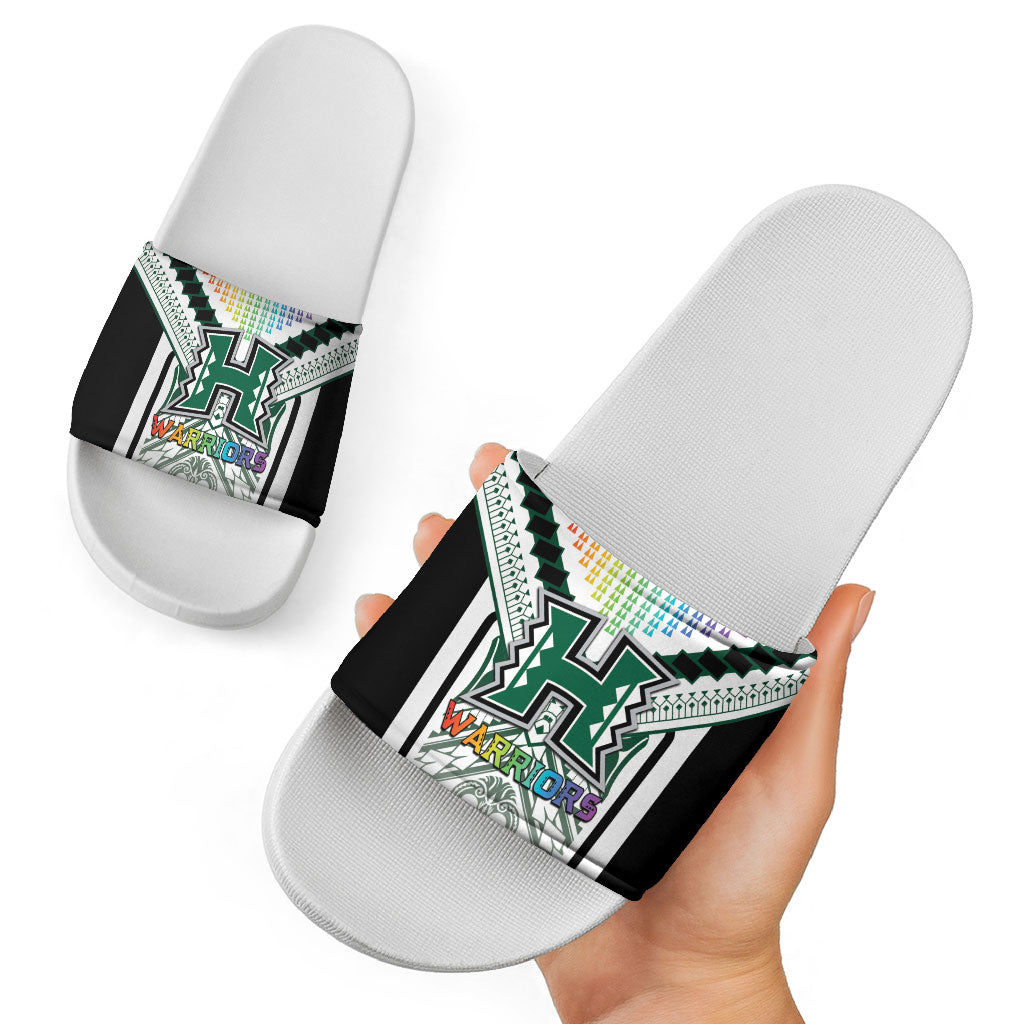 Hawaii Warriors Football Slide Sandals Rainbow Kakau Pattern White