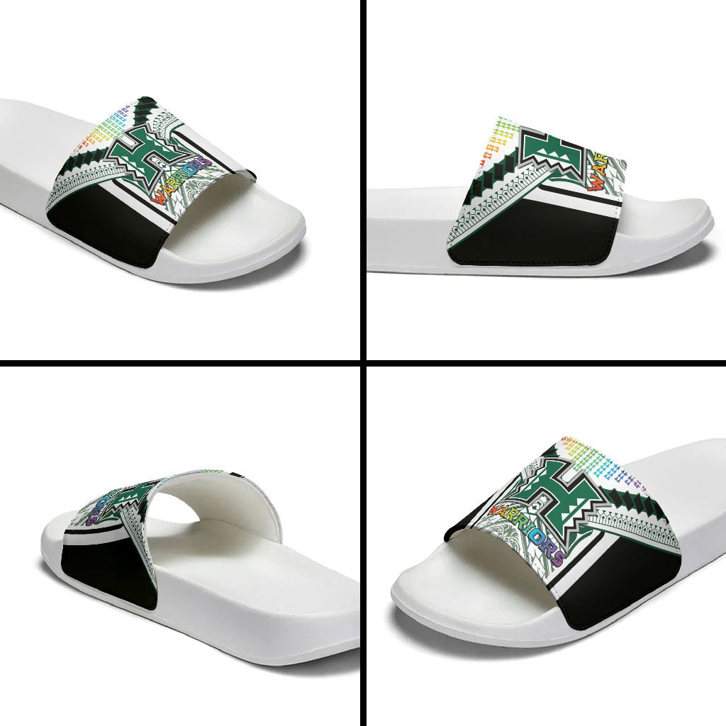 Hawaii Warriors Football Slide Sandals Rainbow Kakau Pattern White