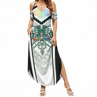 Custom Hawaii Warriors Football Summer Maxi Dress Rainbow Kakau Pattern White