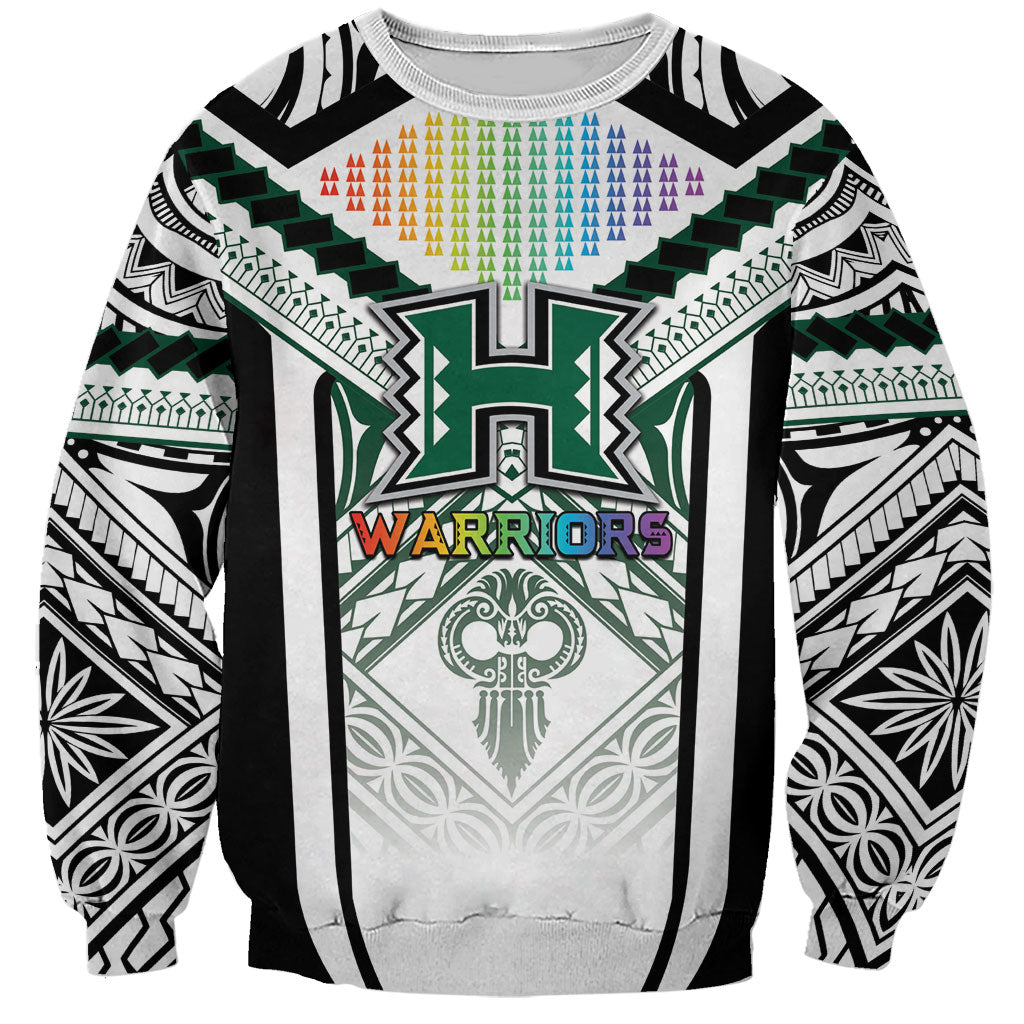 Custom Hawaii Warriors Football Sweatshirt Rainbow Kakau Pattern White