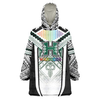 Custom Hawaii Warriors Football Wearable Blanket Hoodie Rainbow Kakau Pattern White LT05 One Size White - Polynesian Pride