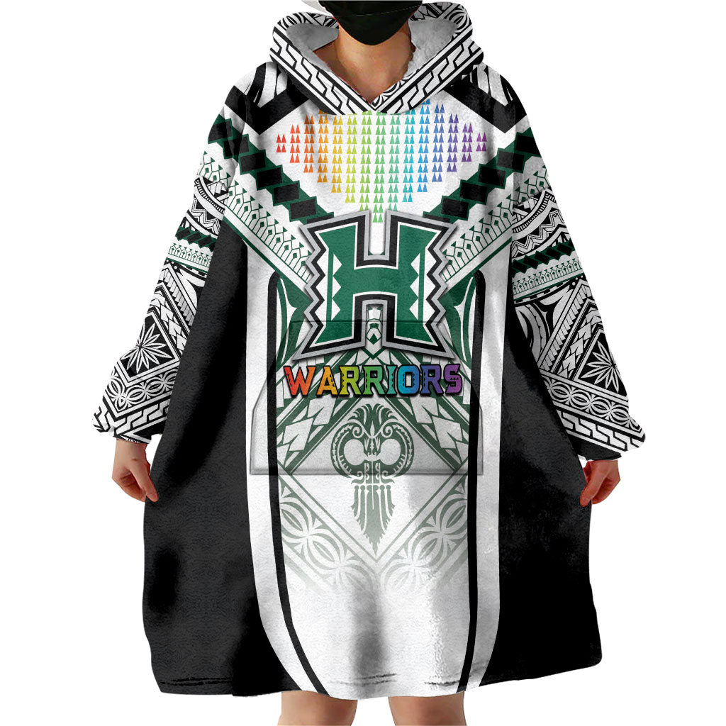 Custom Hawaii Warriors Football Wearable Blanket Hoodie Rainbow Kakau Pattern White LT05 - Polynesian Pride