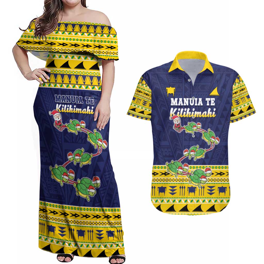 Tokelau Christmas Couples Matching Off Shoulder Maxi Dress and Hawaiian Shirt Tokelauan Turtle Santa Sleigh