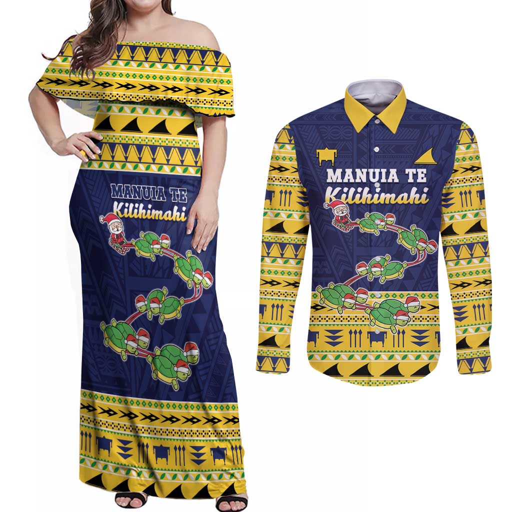 Tokelau Christmas Couples Matching Off Shoulder Maxi Dress and Long Sleeve Button Shirt Tokelauan Turtle Santa Sleigh LT05 Yellow - Polynesian Pride