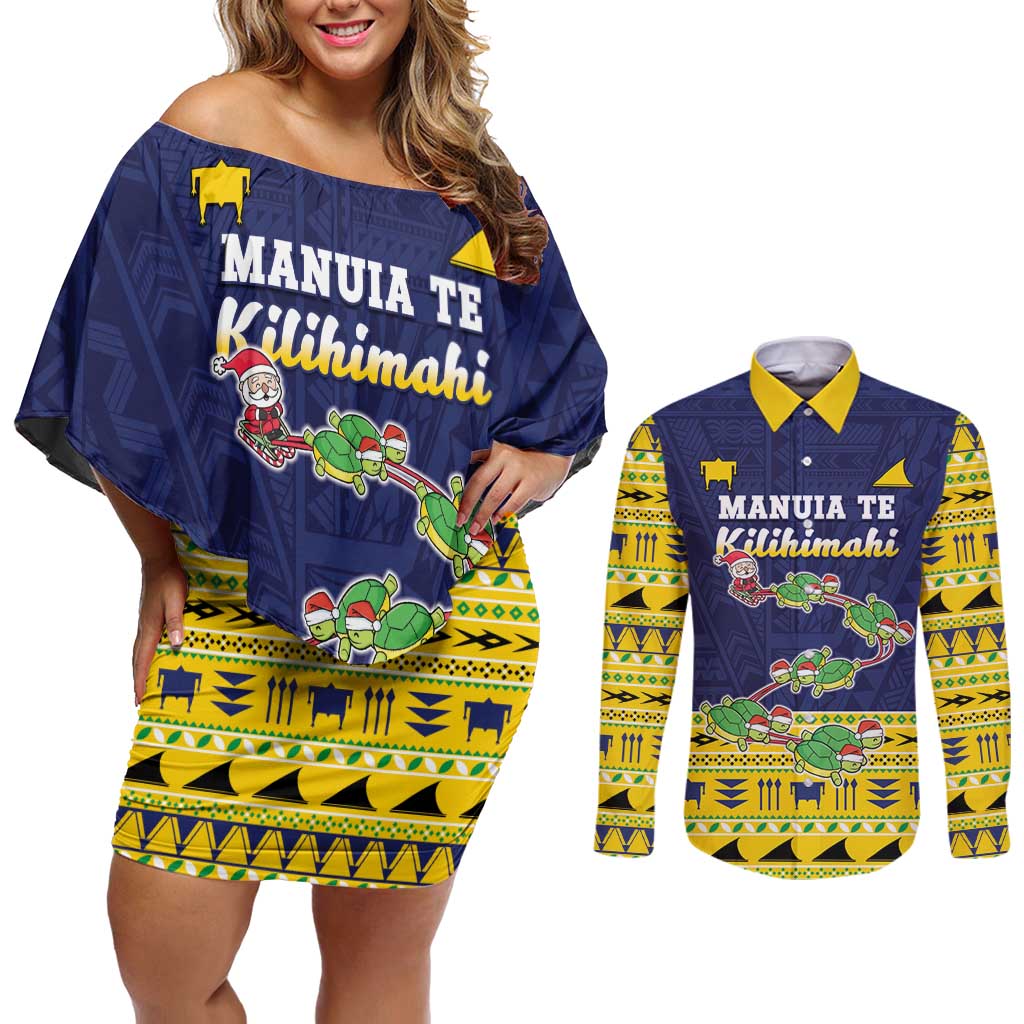 Tokelau Christmas Couples Matching Off Shoulder Short Dress and Long Sleeve Button Shirt Tokelauan Turtle Santa Sleigh