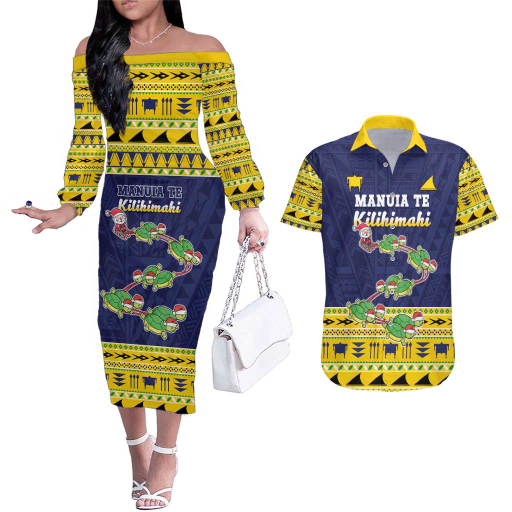 Tokelau Christmas Couples Matching Off The Shoulder Long Sleeve Dress and Hawaiian Shirt Tokelauan Turtle Santa Sleigh