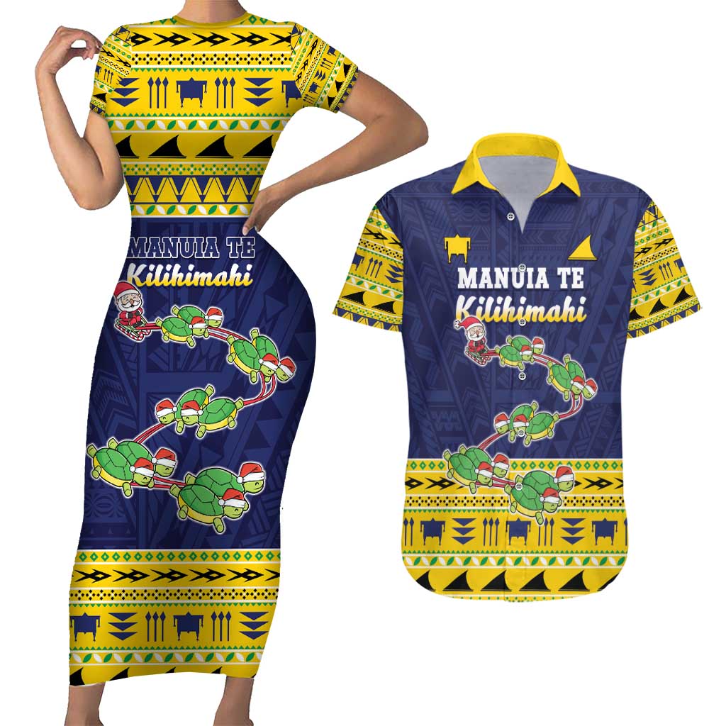 Tokelau Christmas Couples Matching Short Sleeve Bodycon Dress and Hawaiian Shirt Tokelauan Turtle Santa Sleigh