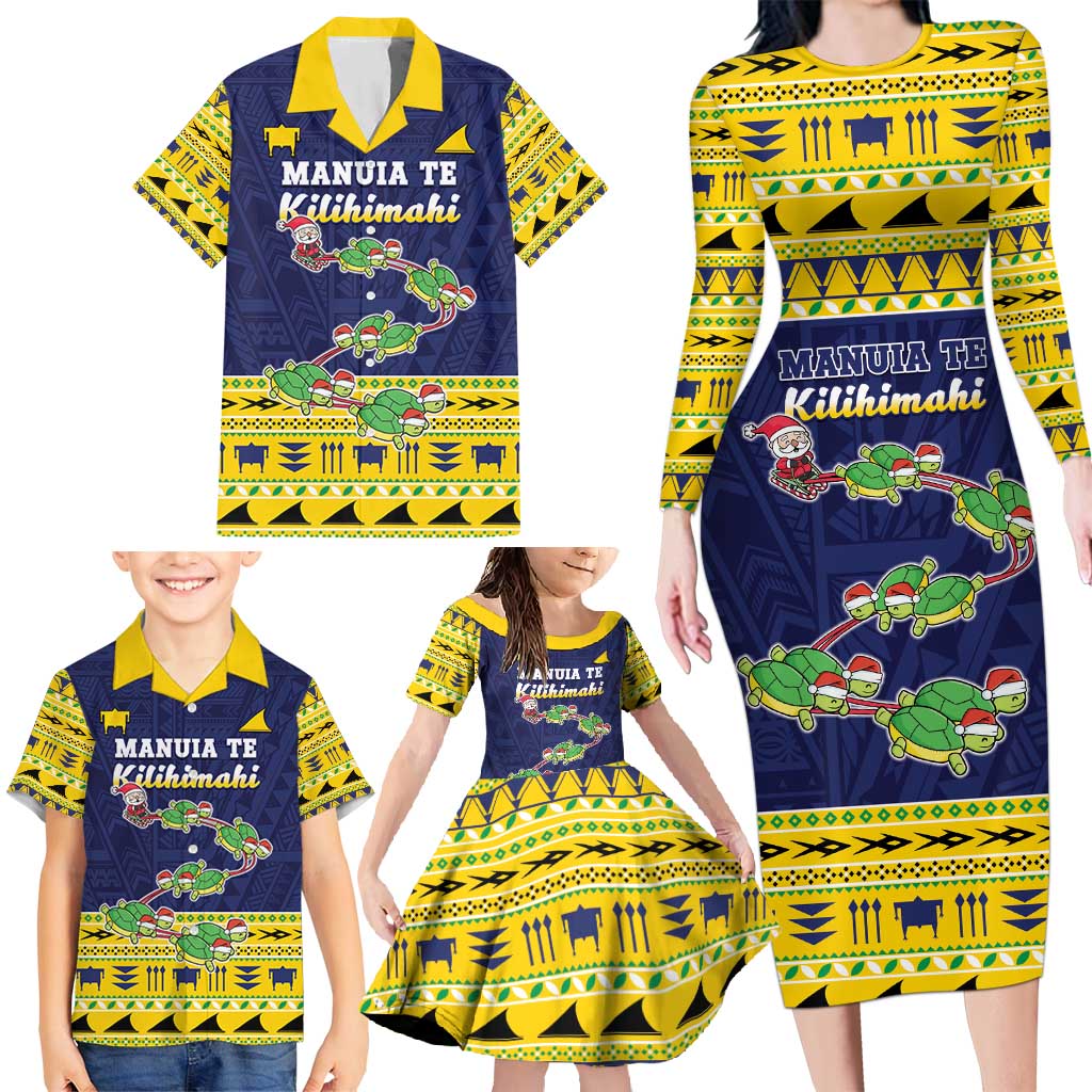 Tokelau Christmas Family Matching Long Sleeve Bodycon Dress and Hawaiian Shirt Tokelauan Turtle Santa Sleigh