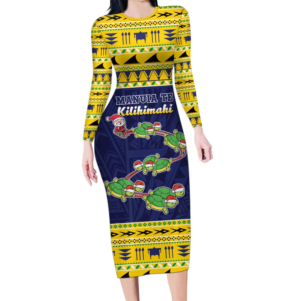 Tokelau Christmas Long Sleeve Bodycon Dress Tokelauan Turtle Santa Sleigh LT05 Long Dress Yellow - Polynesian Pride