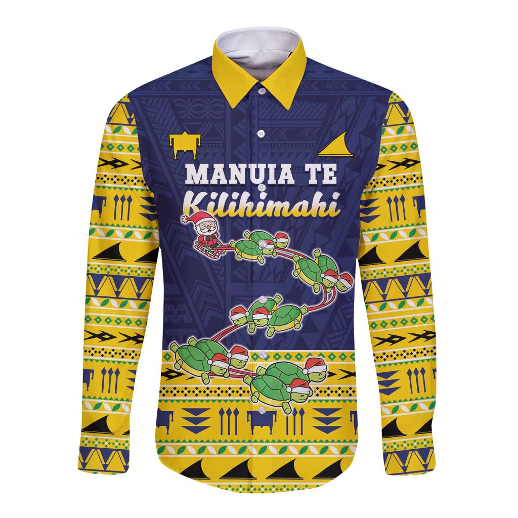 Tokelau Christmas Long Sleeve Button Shirt Tokelauan Turtle Santa Sleigh