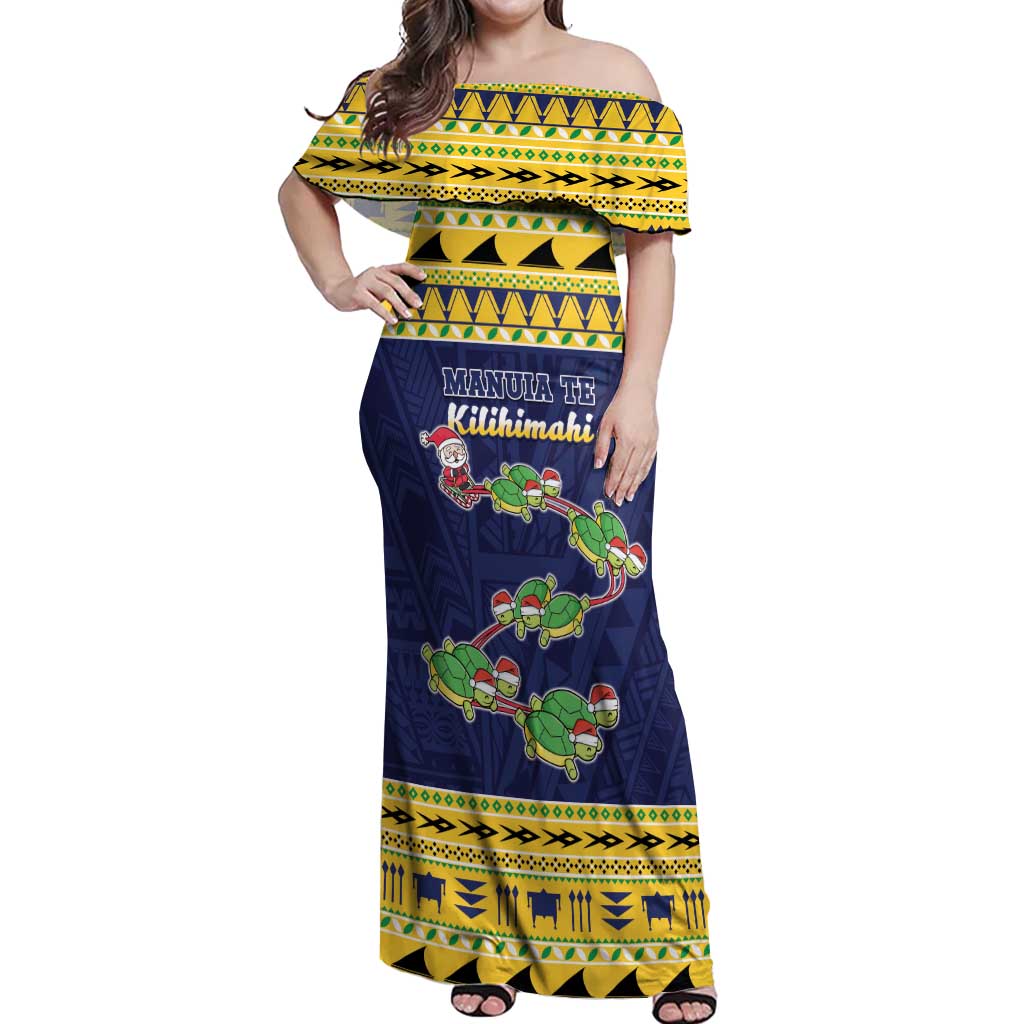 Tokelau Christmas Off Shoulder Maxi Dress Tokelauan Turtle Santa Sleigh LT05 Women Yellow - Polynesian Pride