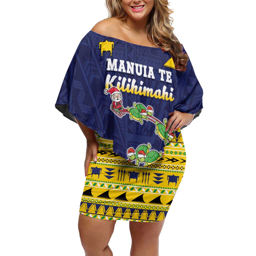 Tokelau Christmas Off Shoulder Short Dress Tokelauan Turtle Santa Sleigh LT05 Women Yellow - Polynesian Pride