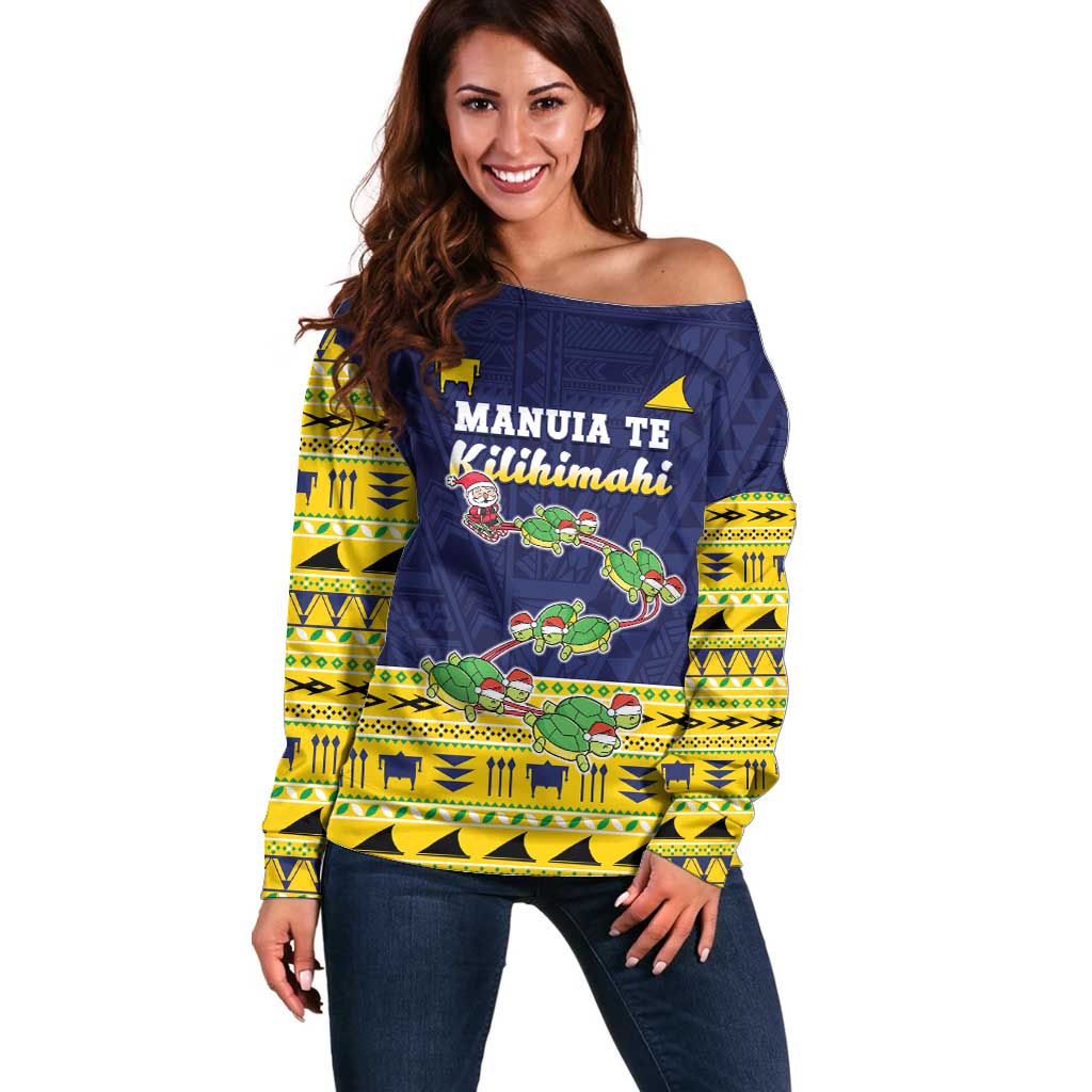 Tokelau Christmas Off Shoulder Sweater Tokelauan Turtle Santa Sleigh LT05 Women Yellow - Polynesian Pride