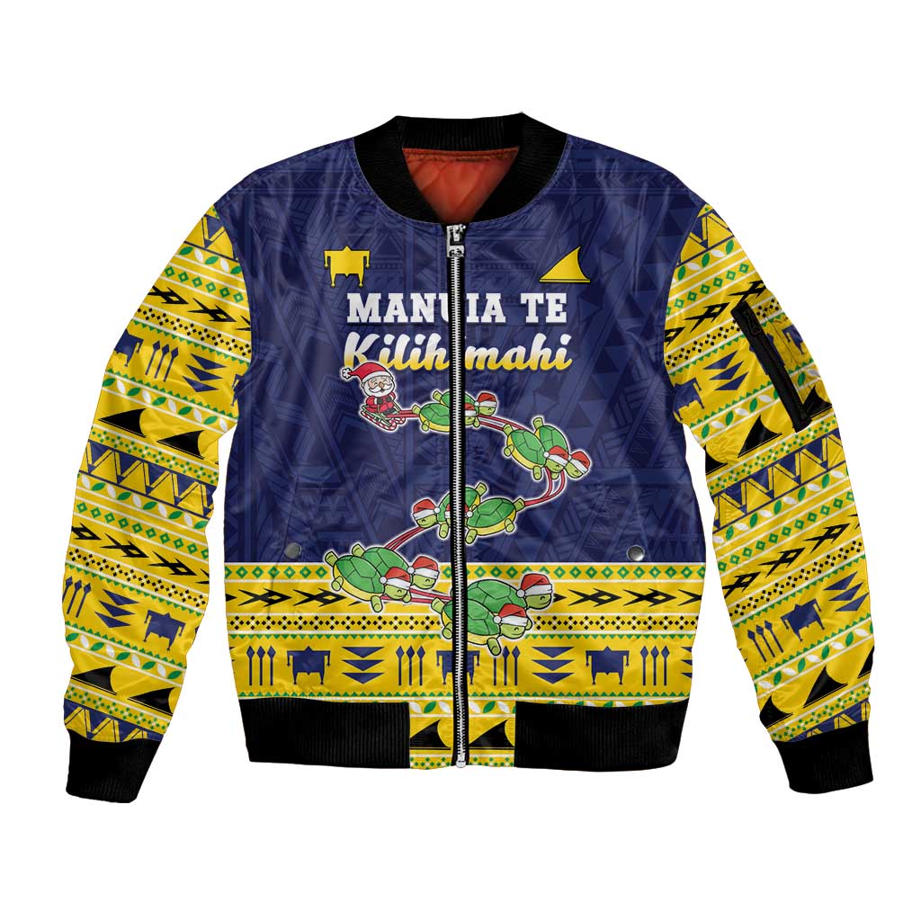 Tokelau Christmas Sleeve Zip Bomber Jacket Tokelauan Turtle Santa Sleigh