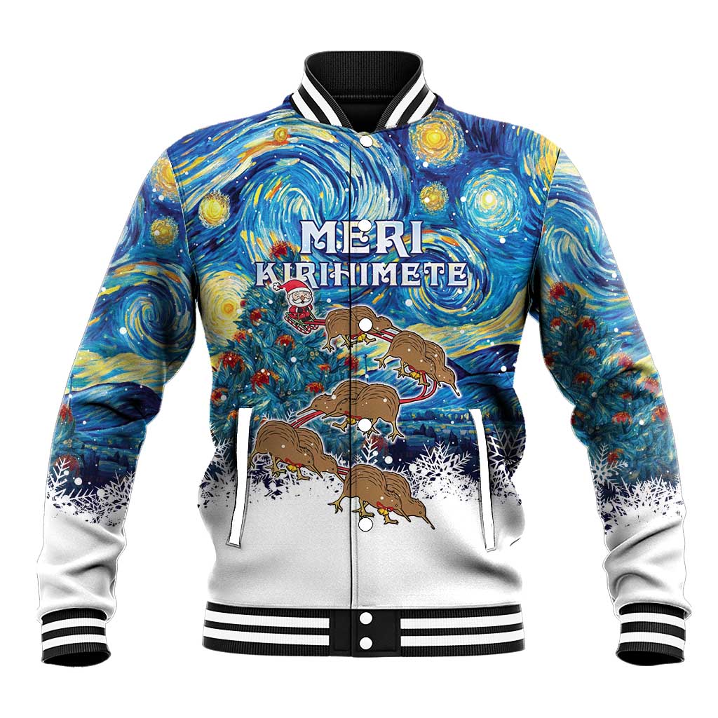 New Zealand Christmas Baseball Jacket Kiwis Santa Sleigh Starry Night Style LT05 Unisex Blue - Polynesian Pride