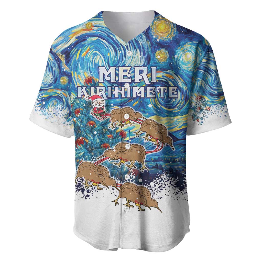 New Zealand Christmas Baseball Jersey Kiwis Santa Sleigh Starry Night Style LT05 Blue - Polynesian Pride