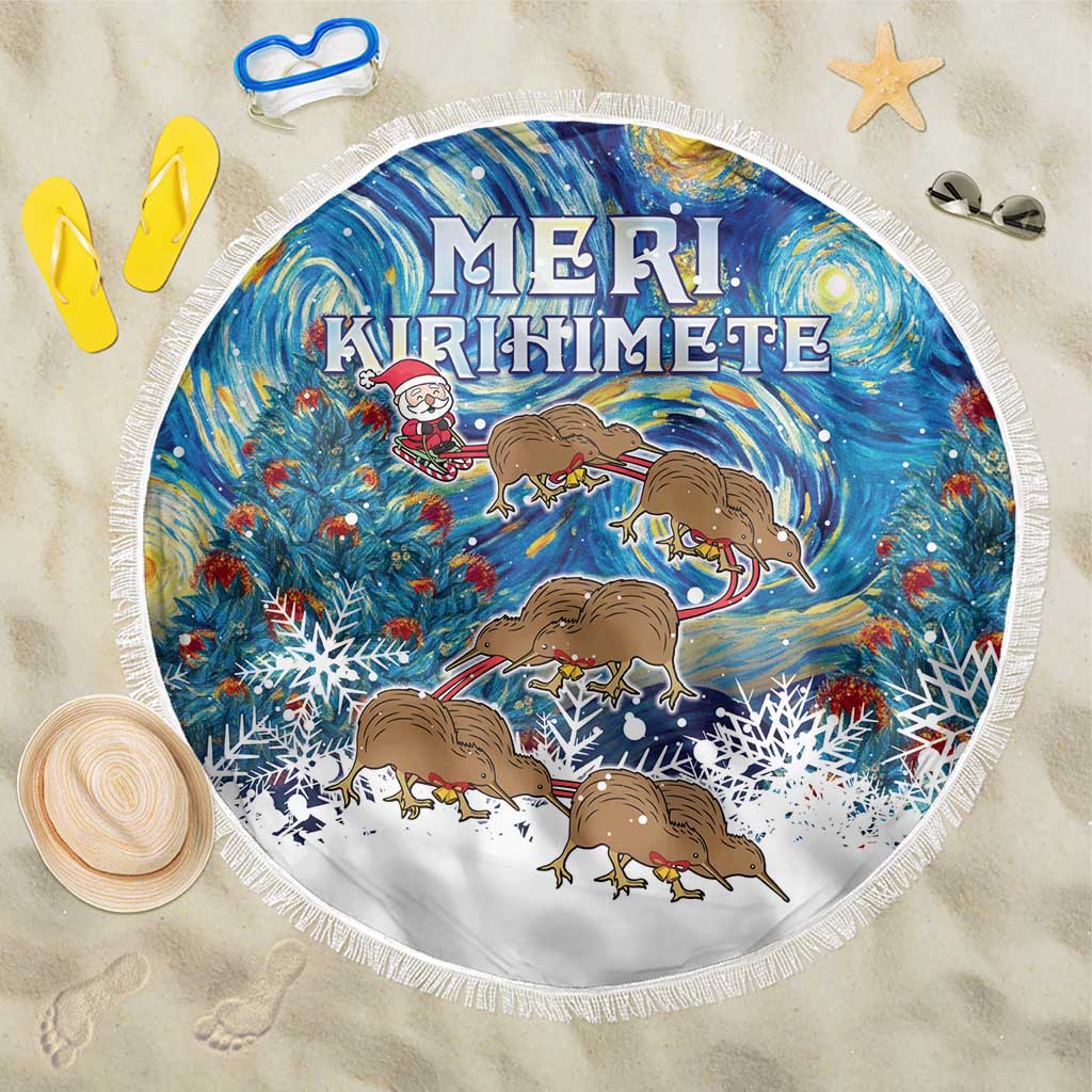 New Zealand Christmas Beach Blanket Kiwis Santa Sleigh Starry Night Style LT05 One Size 150cm Blue - Polynesian Pride