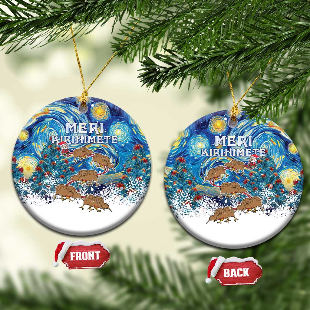 New Zealand Christmas Ceramic Ornament Kiwis Santa Sleigh Starry Night Style LT05 Circle Blue - Polynesian Pride