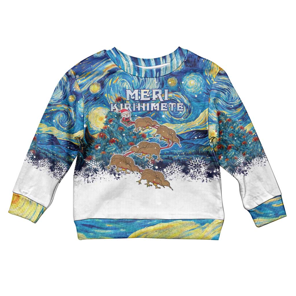 New Zealand Christmas Kid Ugly Christmas Sweater Kiwis Santa Sleigh Starry Night Style LT05 Kid Blue - Polynesian Pride