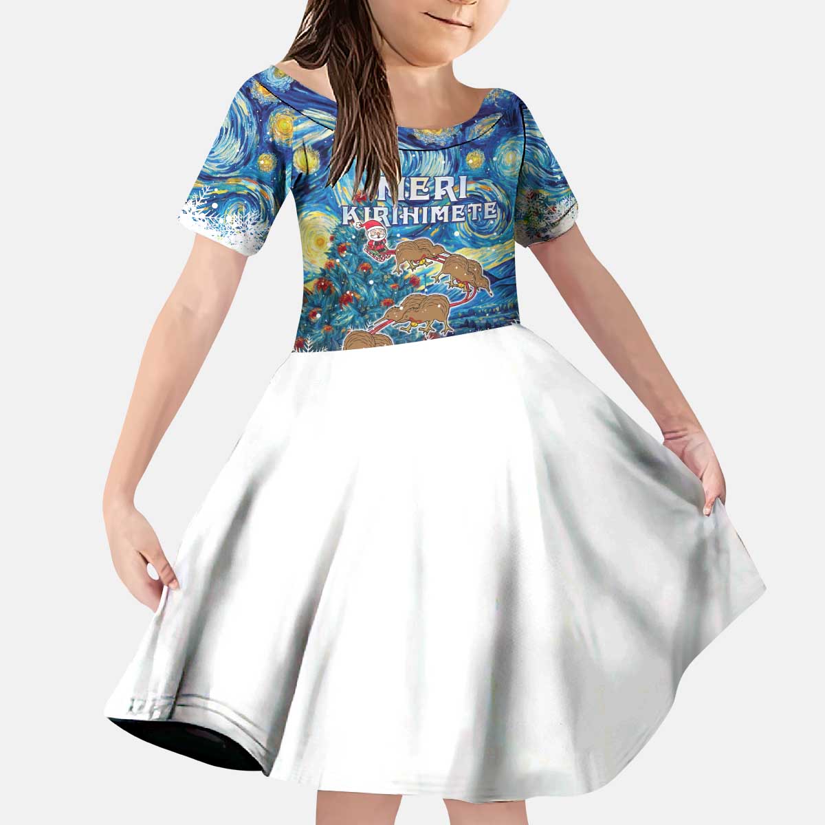 New Zealand Christmas Kid Short Sleeve Dress Kiwis Santa Sleigh Starry Night Style LT05 KID Blue - Polynesian Pride