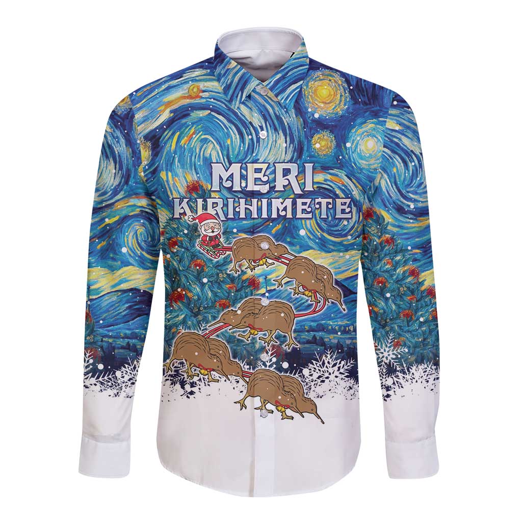 New Zealand Christmas Long Sleeve Button Shirt Kiwis Santa Sleigh Starry Night Style LT05 Unisex Blue - Polynesian Pride
