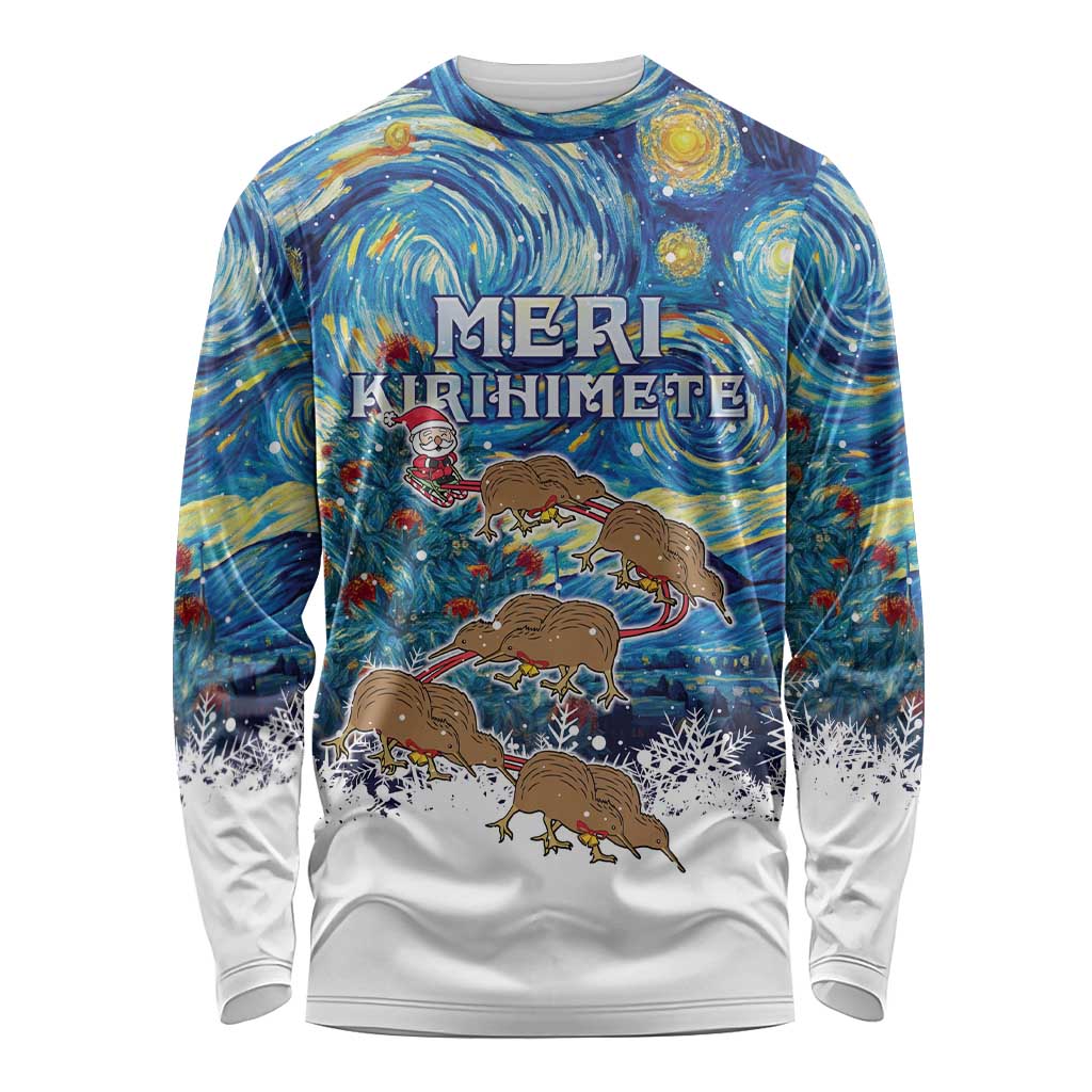New Zealand Christmas Long Sleeve Shirt Kiwis Santa Sleigh Starry Night Style LT05 Unisex Blue - Polynesian Pride