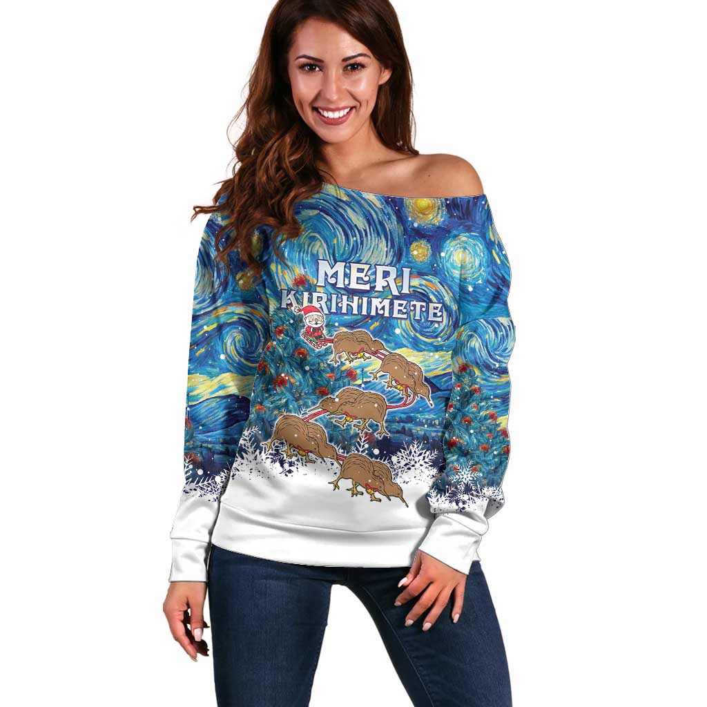 New Zealand Christmas Off Shoulder Sweater Kiwis Santa Sleigh Starry Night Style LT05 Women Blue - Polynesian Pride