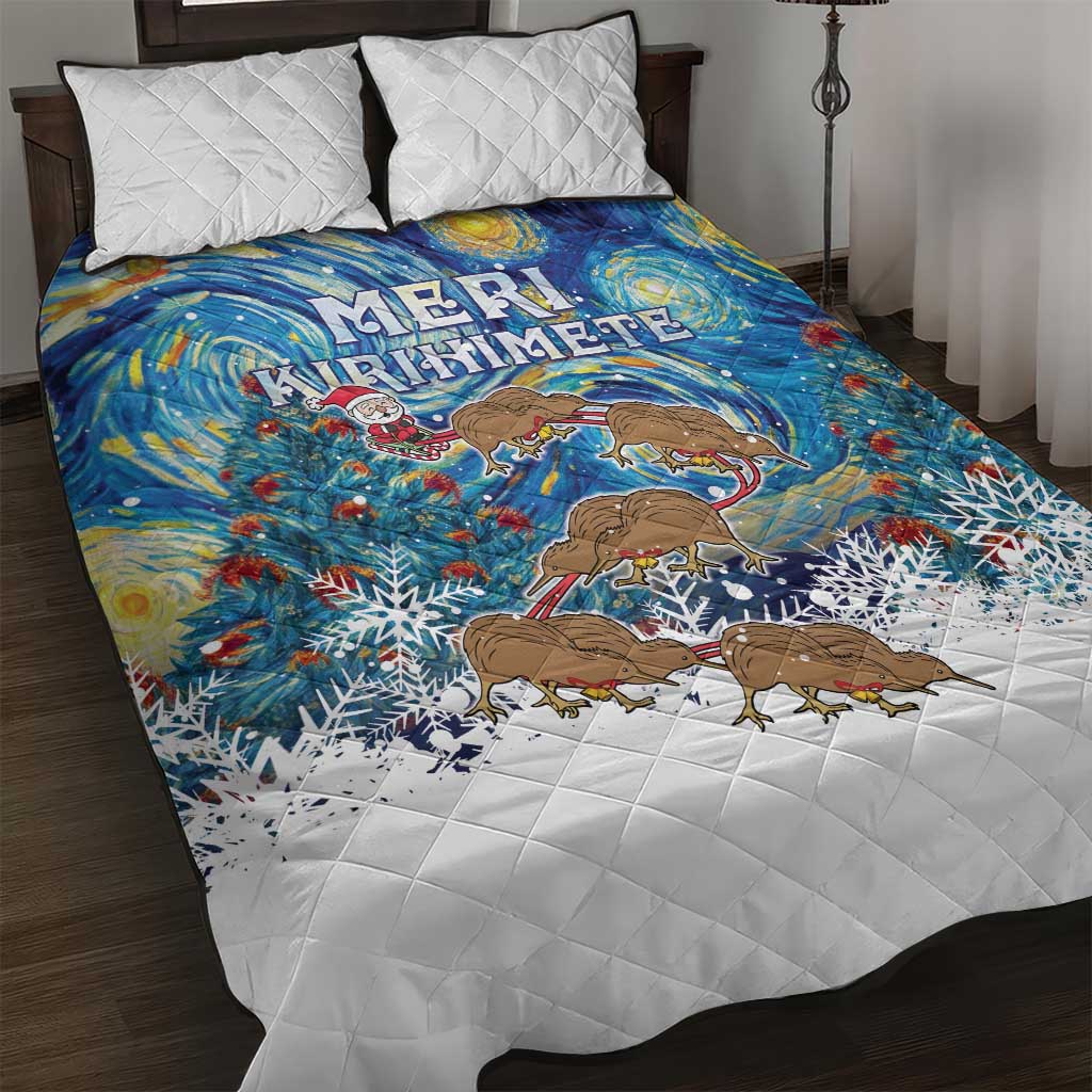 New Zealand Christmas Quilt Bed Set Kiwis Santa Sleigh Starry Night Style LT05 Blue - Polynesian Pride
